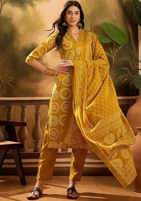 Mustard Printed Blended Kurta Set