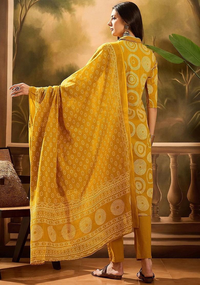 Mustard Printed Blended Kurta Set - Indya