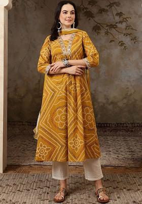 Yellow Printed Blended Kurta Set