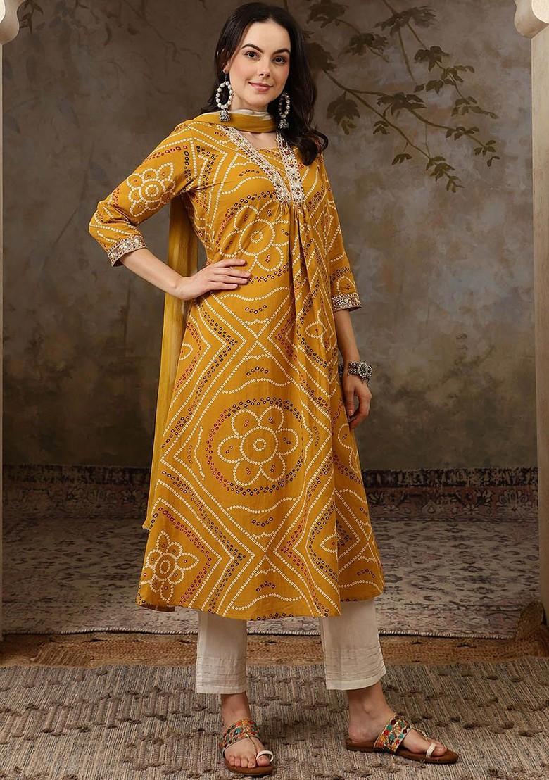 Yellow Printed Blended Kurta Set - Indya