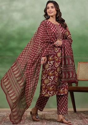 Maroon Printed Blended Kurta Set