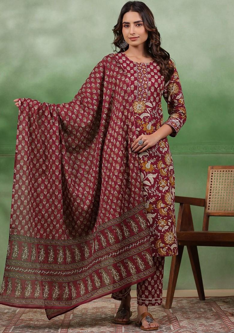 Maroon Printed Blended Kurta Set - Indya