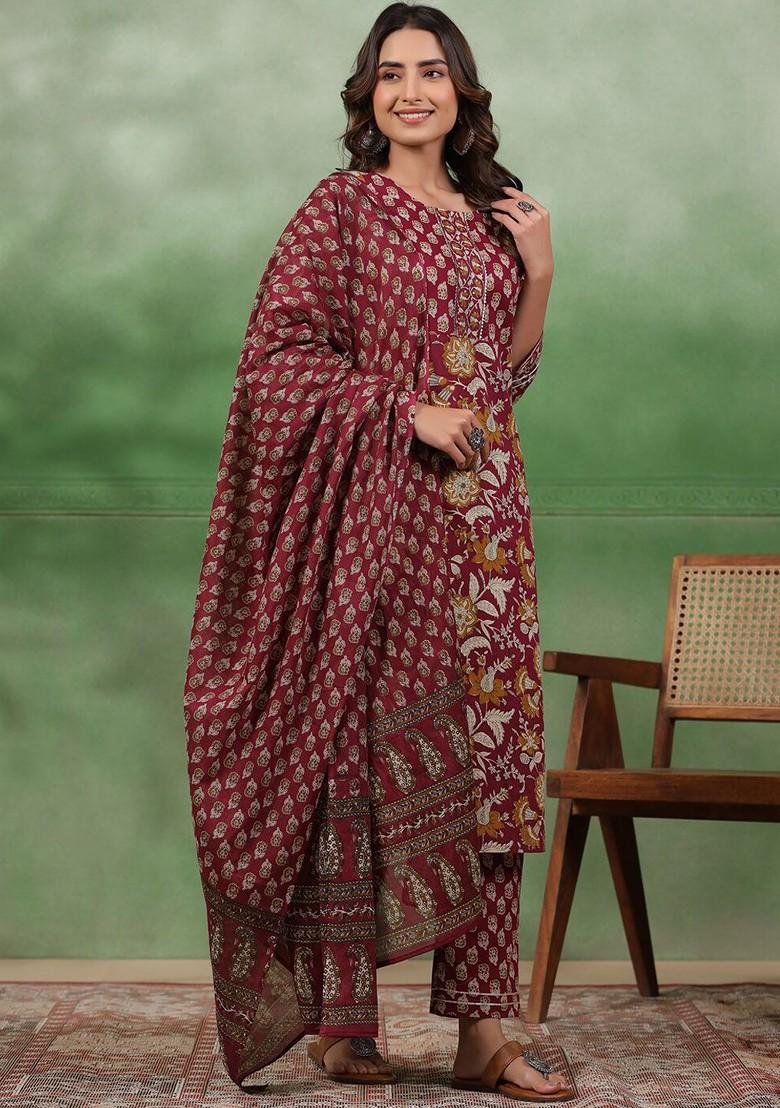 Maroon Printed Blended Kurta Set - Indya