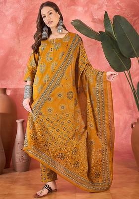 Mustard Printed Blended Kurta Set