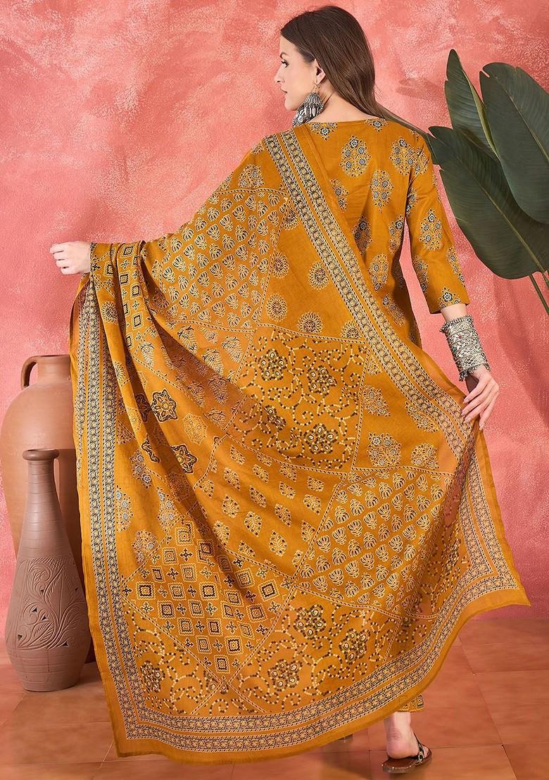 Mustard Printed Blended Kurta Set - Indya