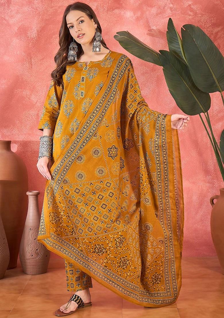 Mustard Printed Blended Kurta Set - Indya