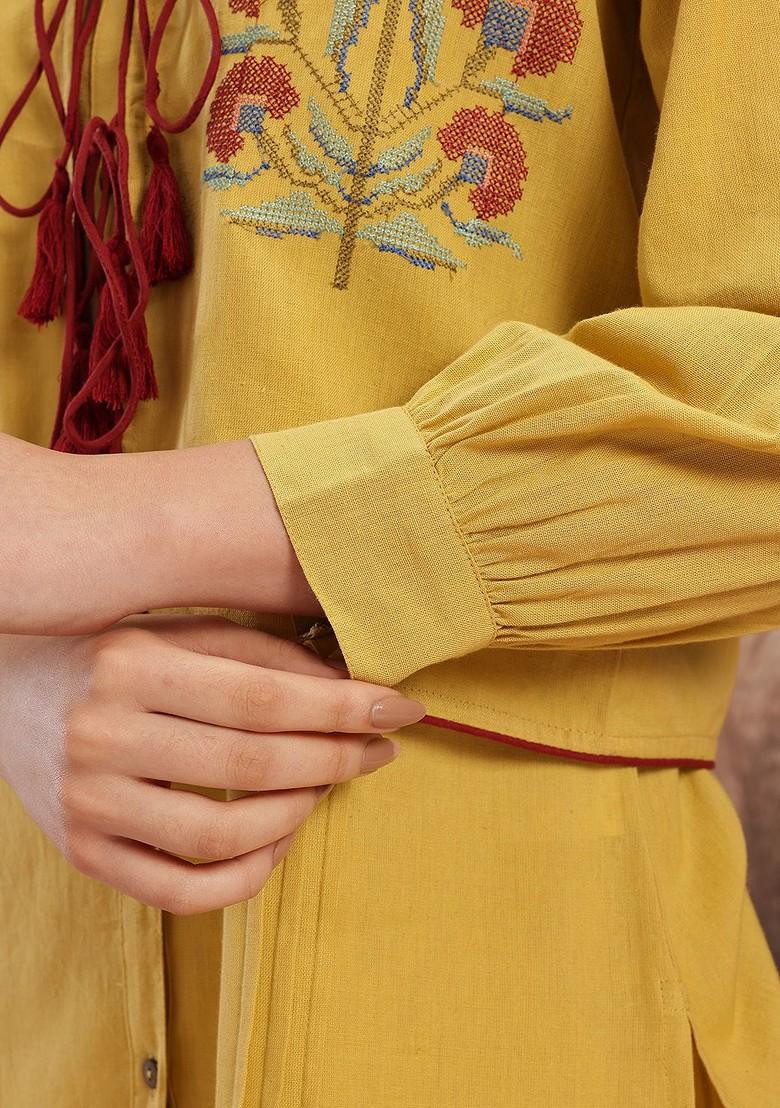 Yellow Embroidered Blended Kurta Set - Indya