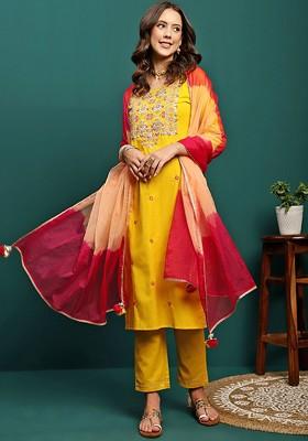 Yellow Embroidered Blended Kurta Set