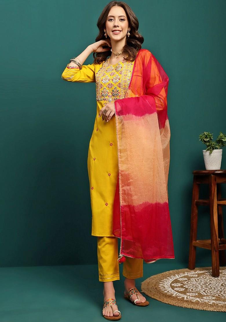 Yellow Embroidered Blended Kurta Set - Indya