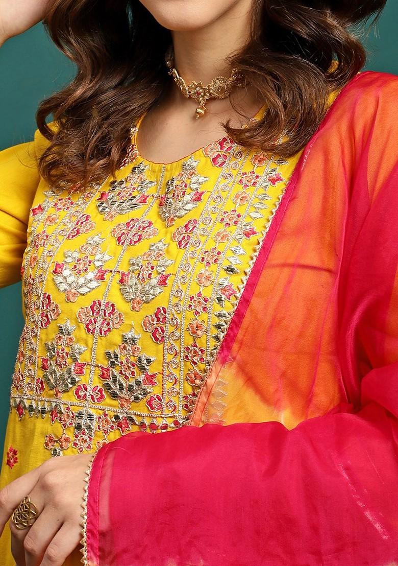 Yellow Embroidered Blended Kurta Set - Indya