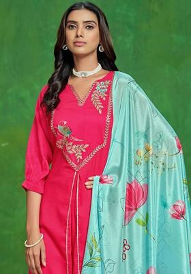Pink Embroidered Blended Kurta Set