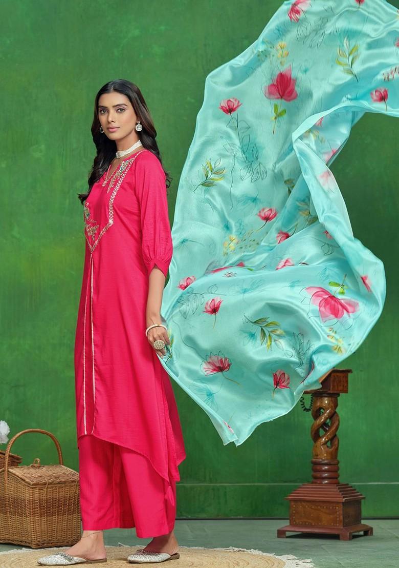 Pink Embroidered Blended Kurta Set - Indya