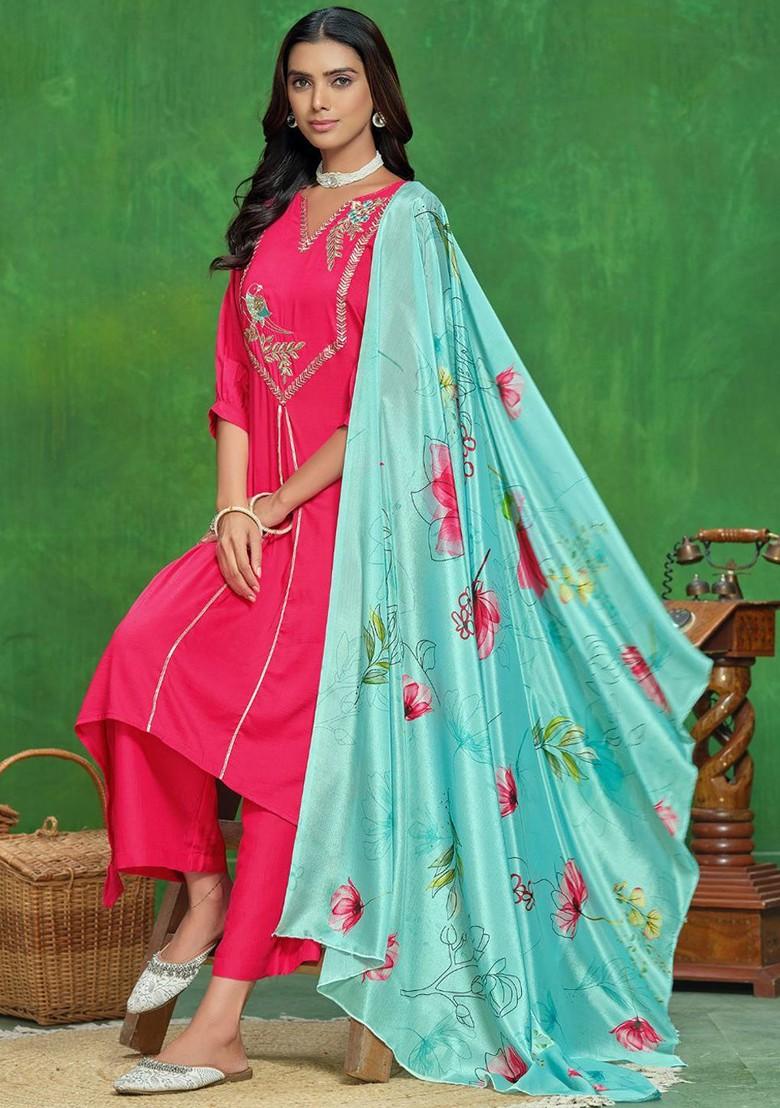 Pink Embroidered Blended Kurta Set - Indya