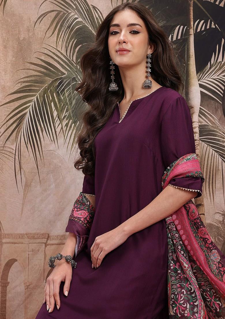 Purple Solid Blended Kurta Set - Indya