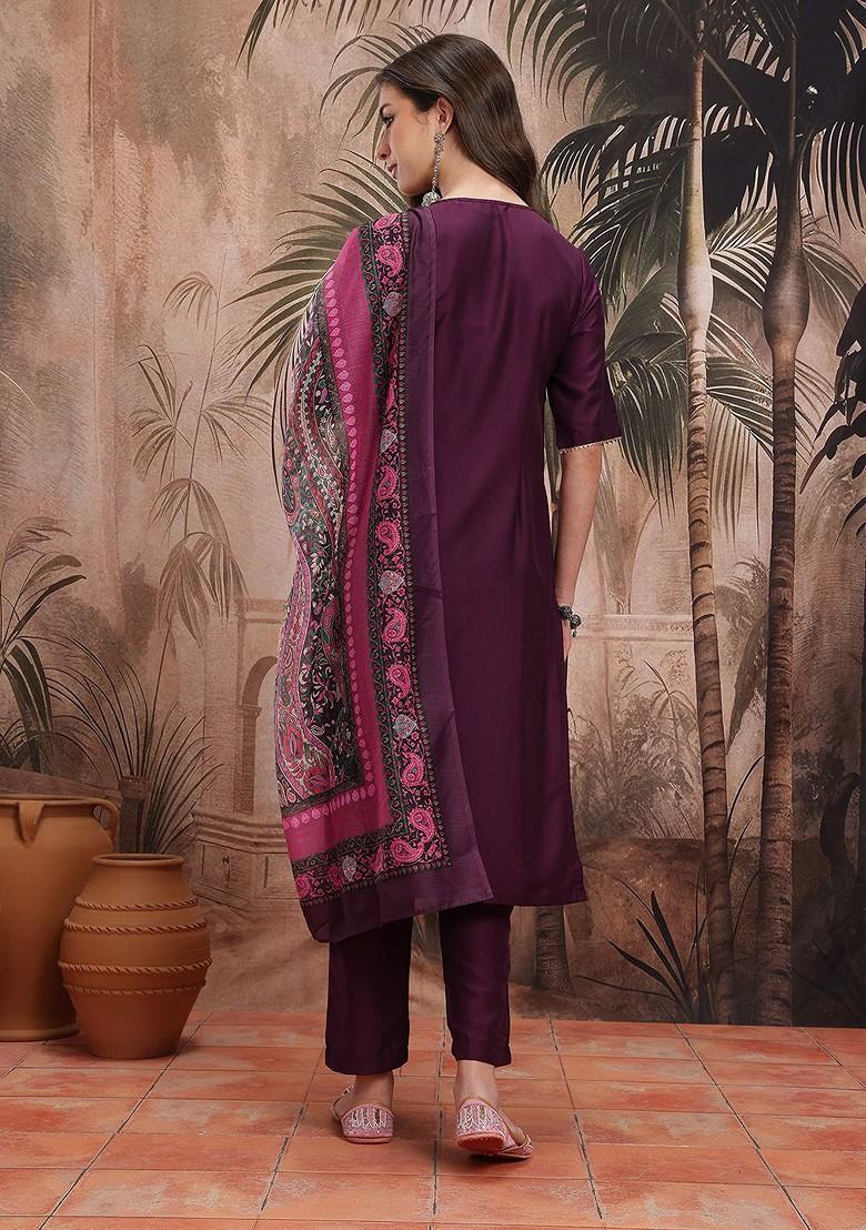 Purple Solid Blended Kurta Set - Indya