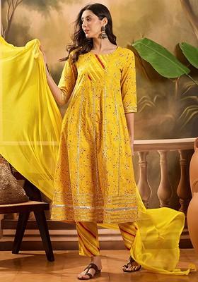 Yellow Printed Blended Kurta Set