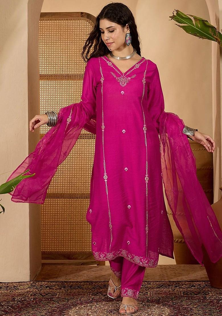 Fuchsia Embroidered Blended Kurta Set - Indya
