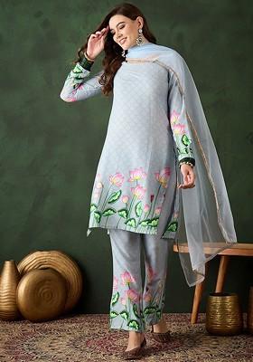 Turquoise Blue Printed Blended Kurta Set