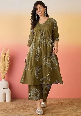 Green Printed Blended Kurta Set