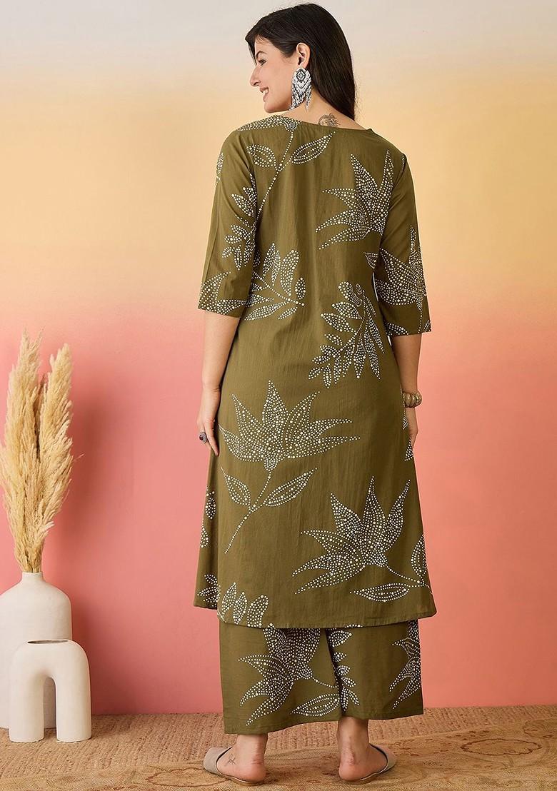 Green Printed Blended Kurta Set - Indya
