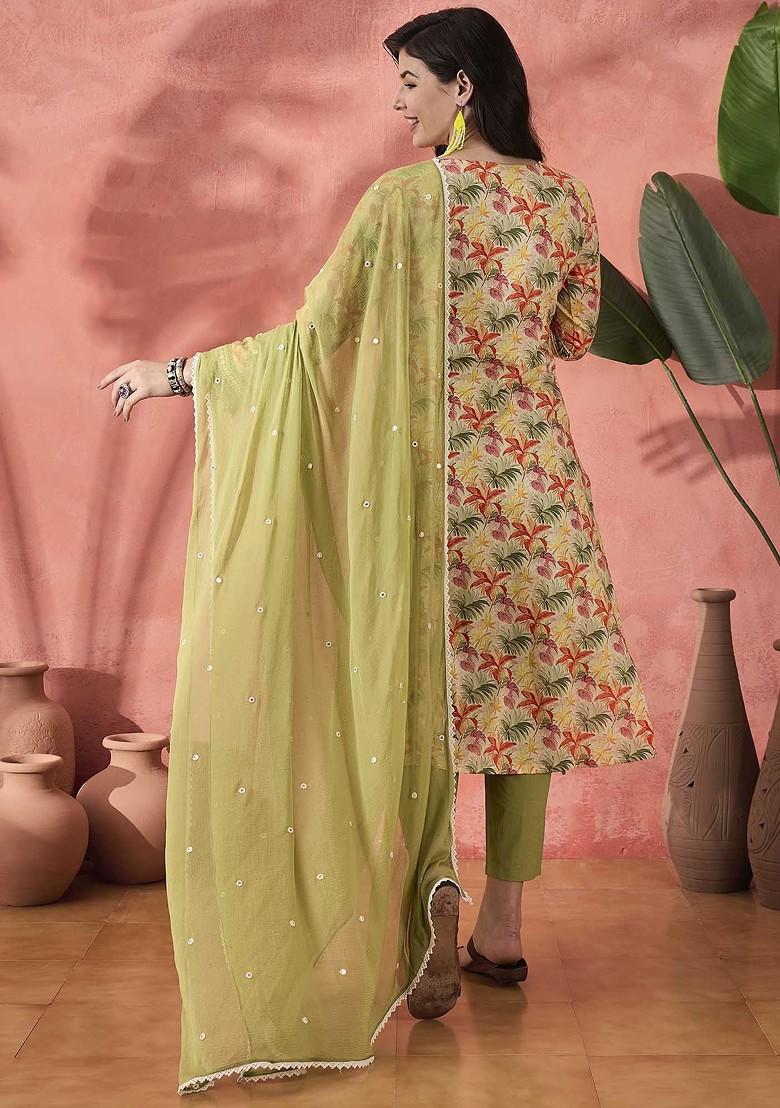 Green Printed Blended Kurta Set - Indya