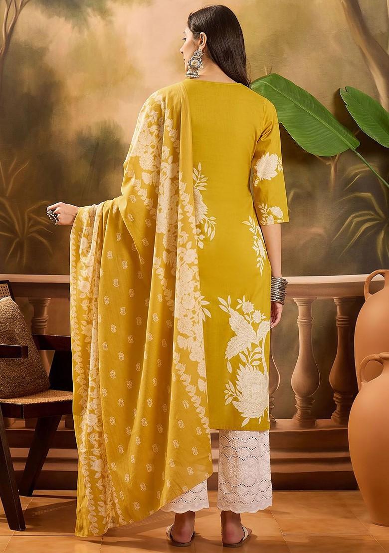 Mustard Printed Blended Kurta Set - Indya