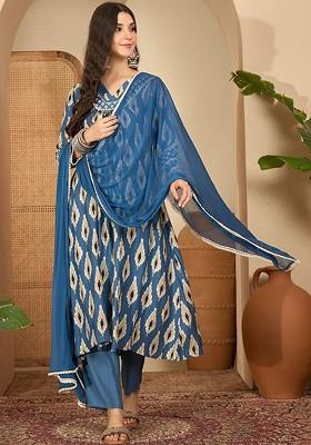 Navy Blue Printed Blended Kurta Set