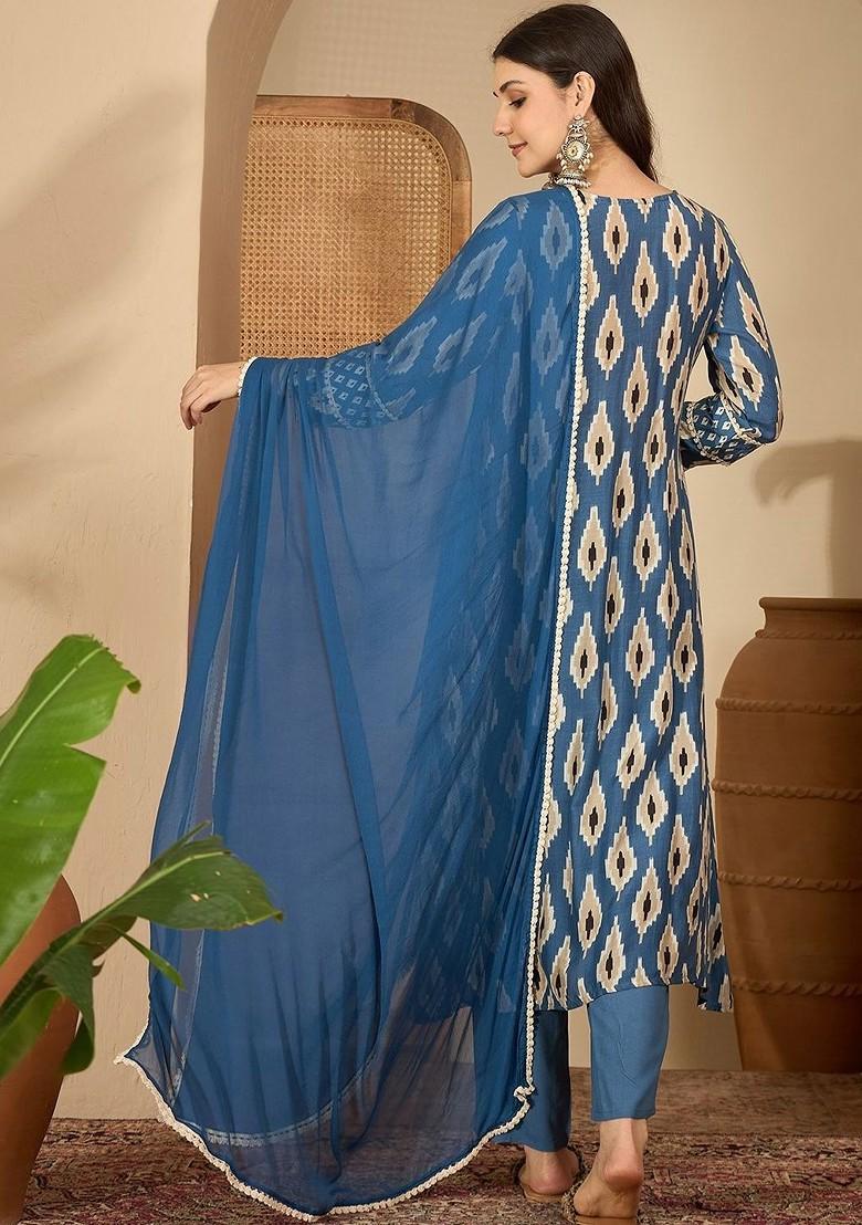 Navy Blue Printed Blended Kurta Set - Indya