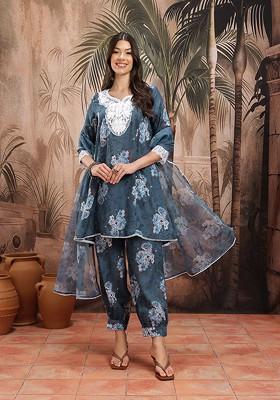 Blue Printed Blended Kurta Set