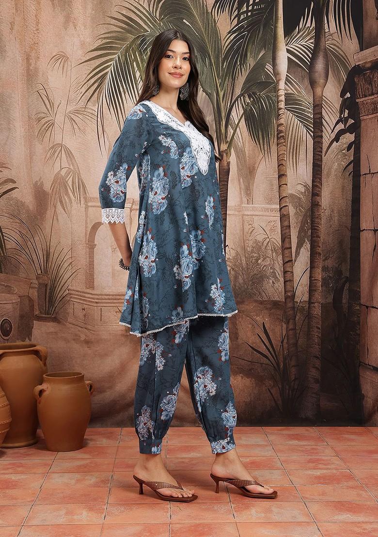 Blue Printed Blended Kurta Set - Indya