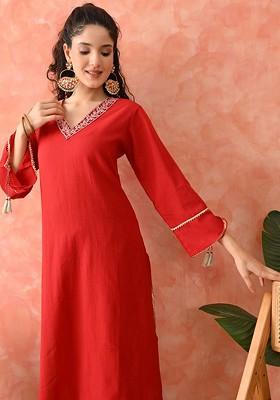 Red Embroidered Blended Kurta Set
