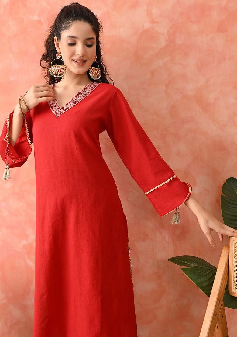 Red Embroidered Blended Kurta Set - Indya