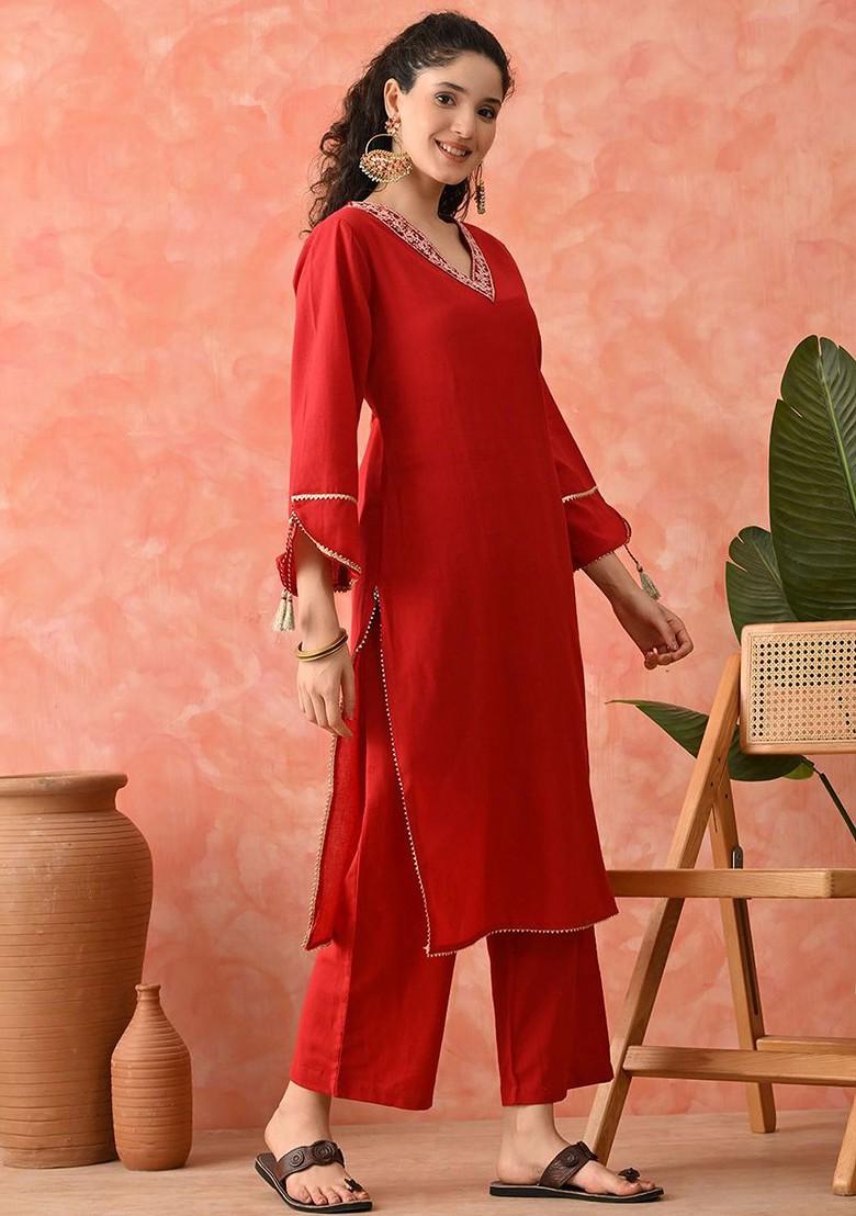 Red Embroidered Blended Kurta Set - Indya