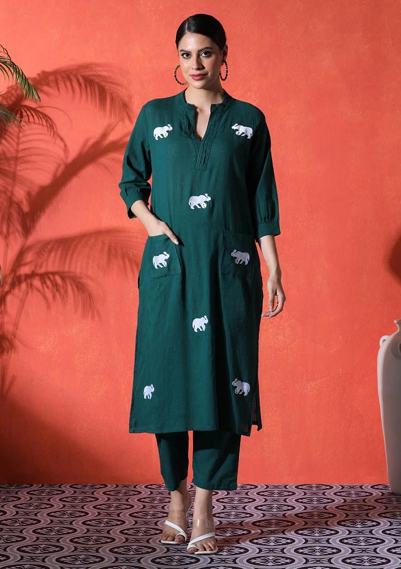 Green Printed Blended Kurta Set - Indya