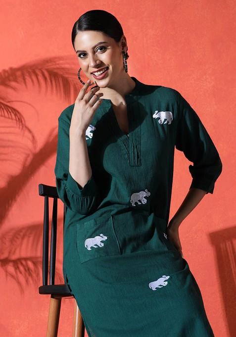 Green Printed Blended Kurta Set