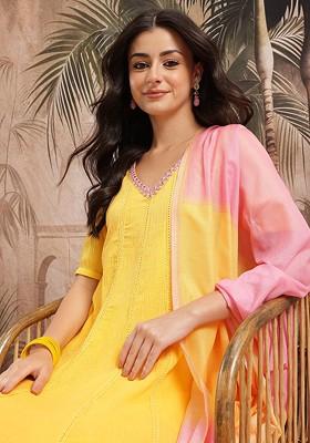 Yellow Mirror Work Blended Kurta Set