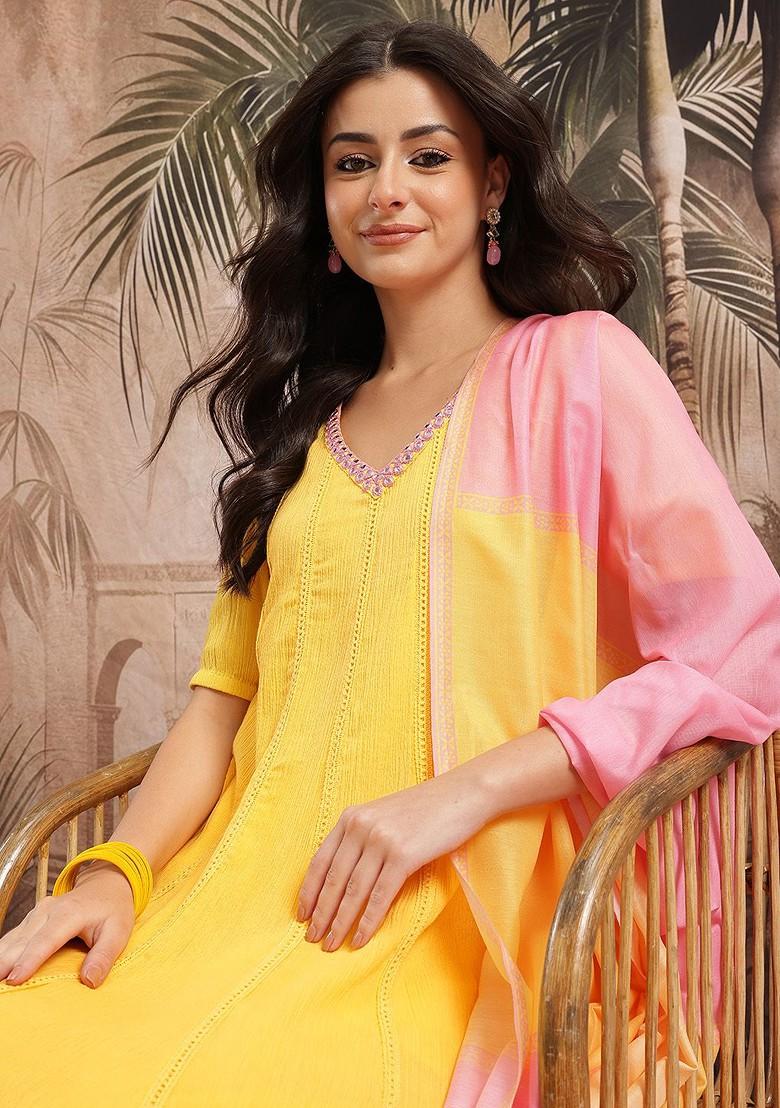 Yellow Mirror Work Blended Kurta Set - Indya