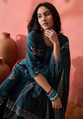 Teal Printed Blended Kurta Set