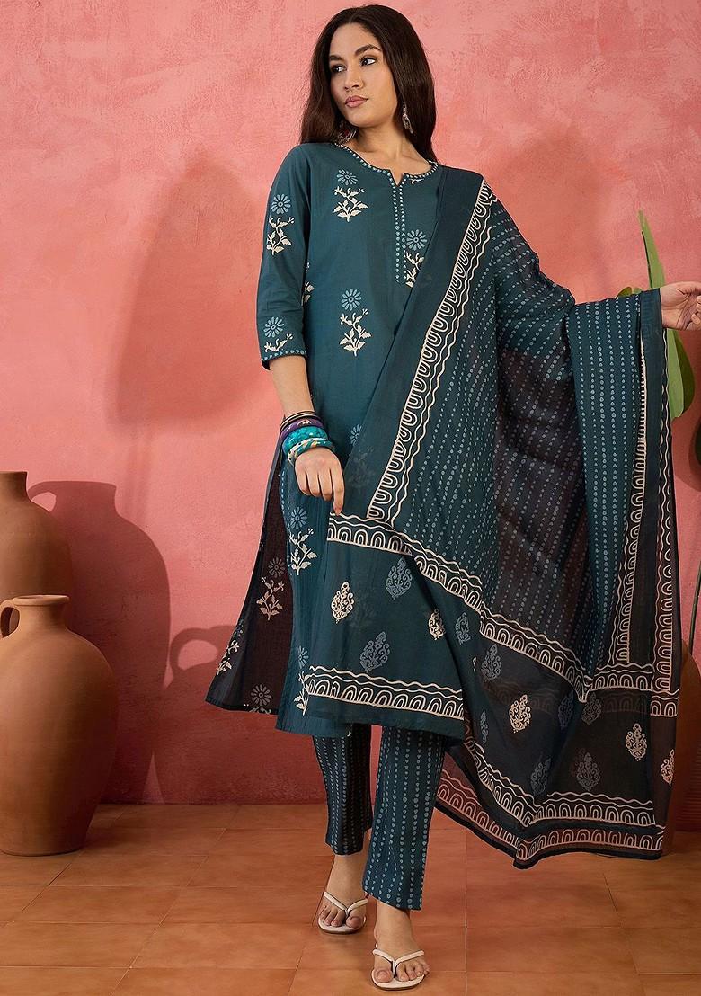 Teal Printed Blended Kurta Set - Indya