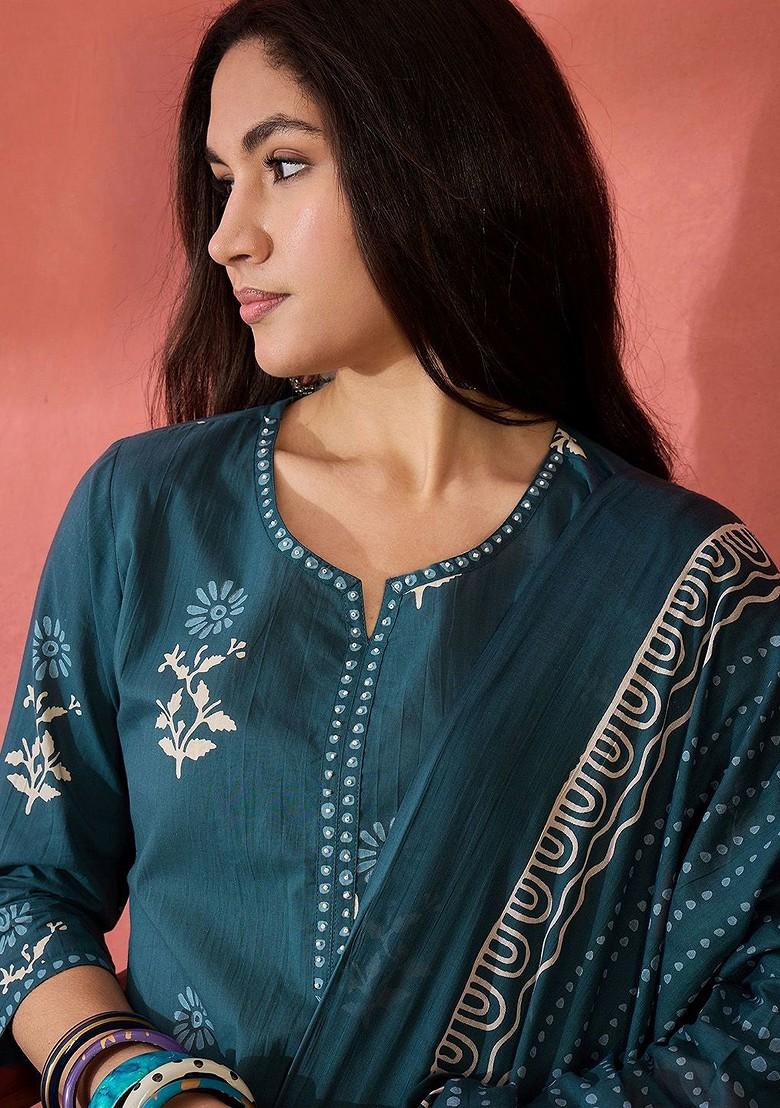 Teal Printed Blended Kurta Set - Indya