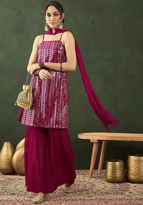 Magenta Embroidered Blended Kurta Set