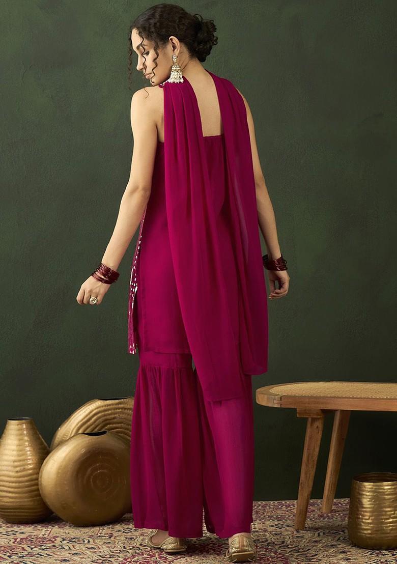 Magenta Embroidered Blended Kurta Set - Indya