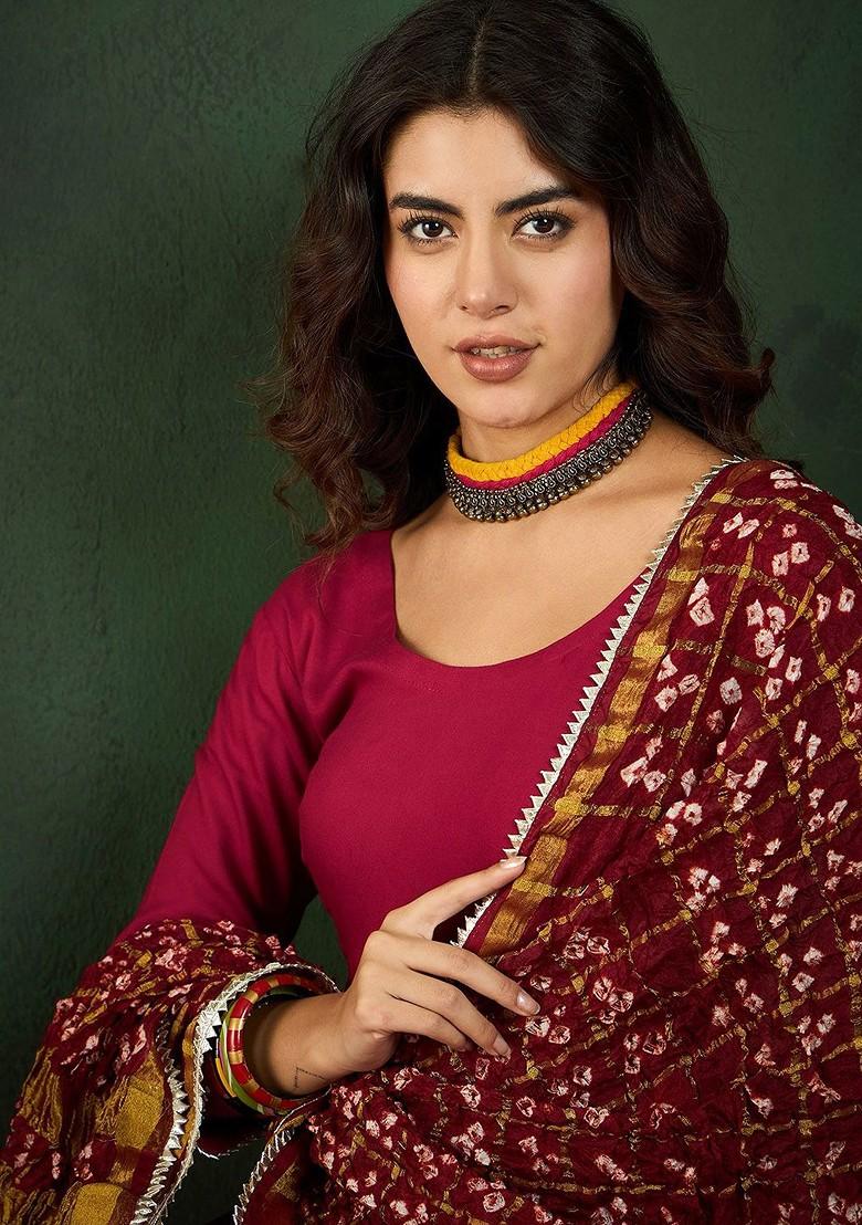 Maroon Solid Blended Kurta Set - Indya