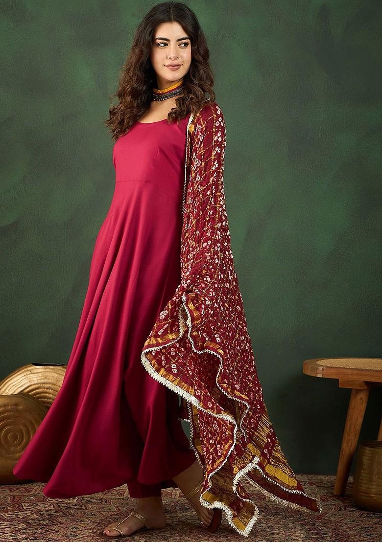 Maroon Solid Blended Kurta Set - Indya