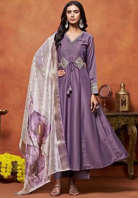 Purple Embroidered Blended Kurta Set