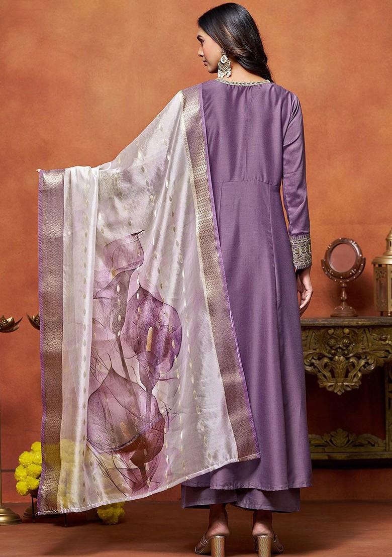 Purple Embroidered Blended Kurta Set - Indya