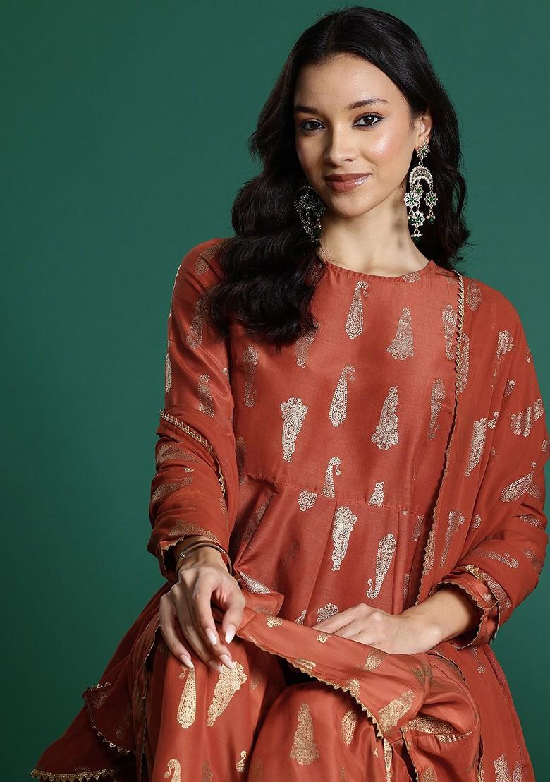 Rust Printed Blended Kurta Set