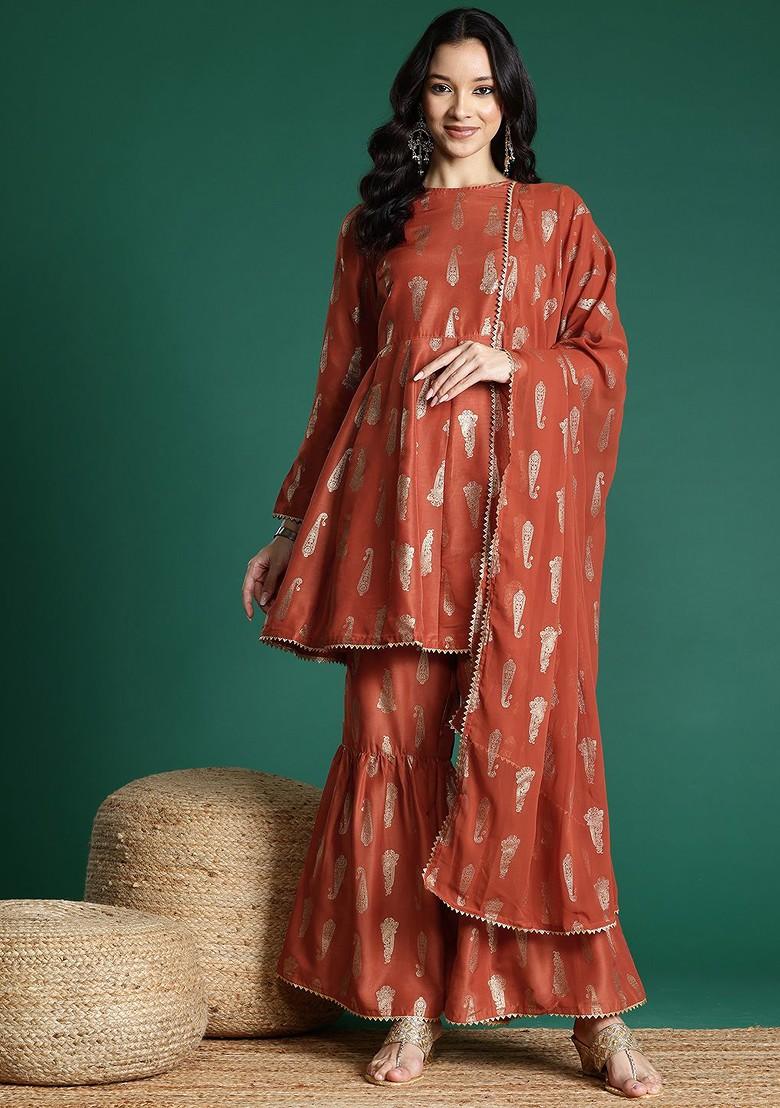 Rust Printed Blended Kurta Set