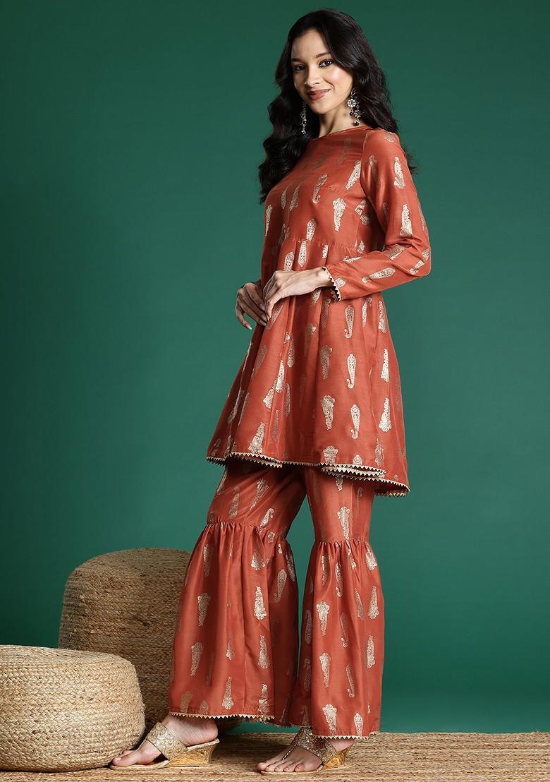 Rust Printed Blended Kurta Set