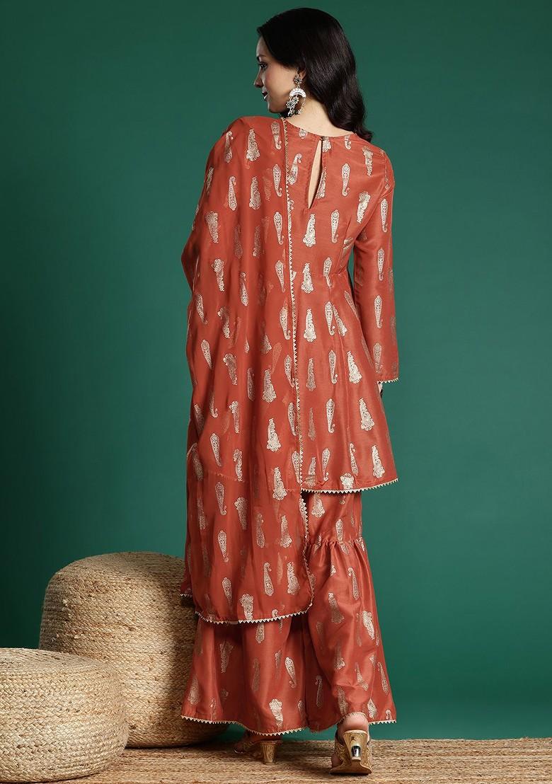 Rust Printed Blended Kurta Set